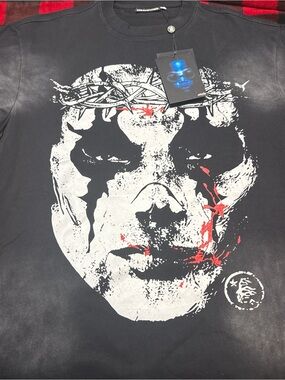 Black Graphic Short-Sleeve Men’s Tee with White & Red Mask Print